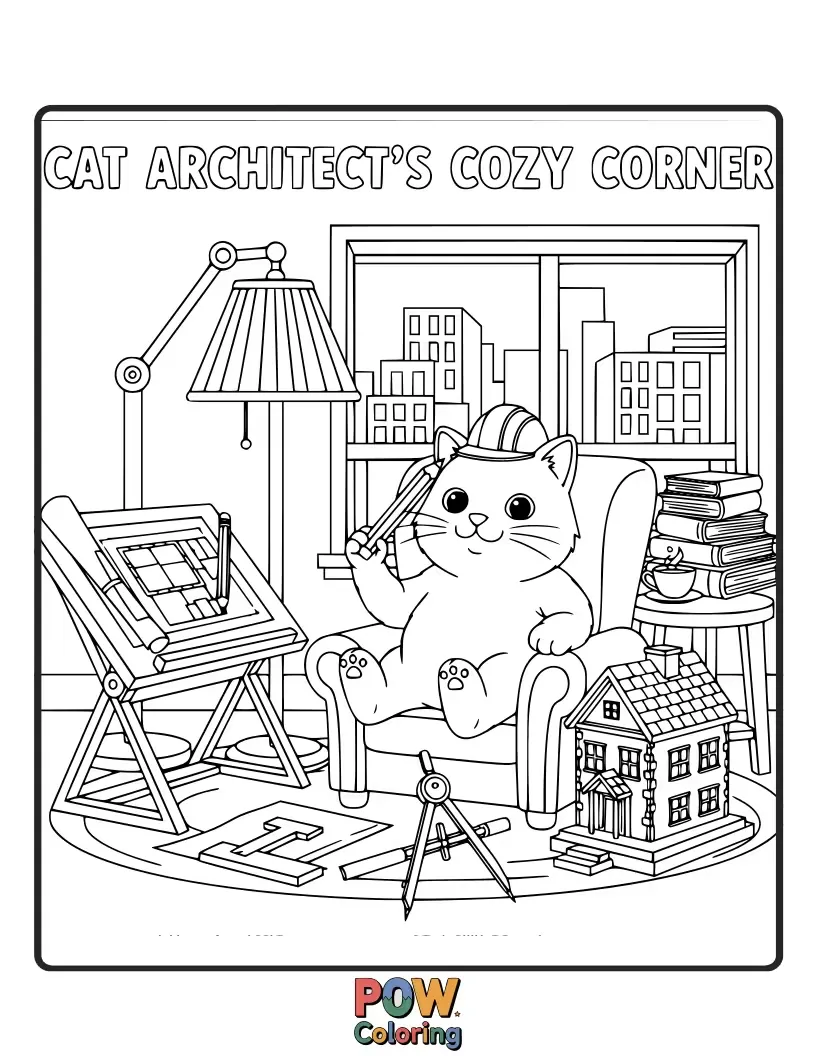 Free coloring page of A fluffy cat in a miniature architect's studio, surrounded by yarn blueprints and a tiny cat tree.