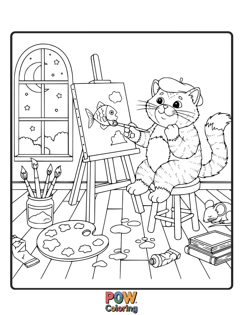 Free coloring page of A creative cat with paint splatters on its fur, enthusiastically painting a colorful abstract masterpiece on a canvas.