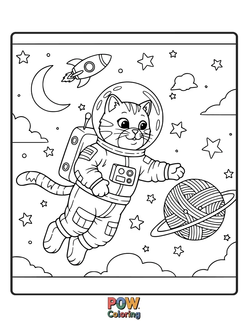Free coloring page of A brave feline floats in space, surrounded by stars and planets, wearing a tiny helmet and exploring the cosmos.