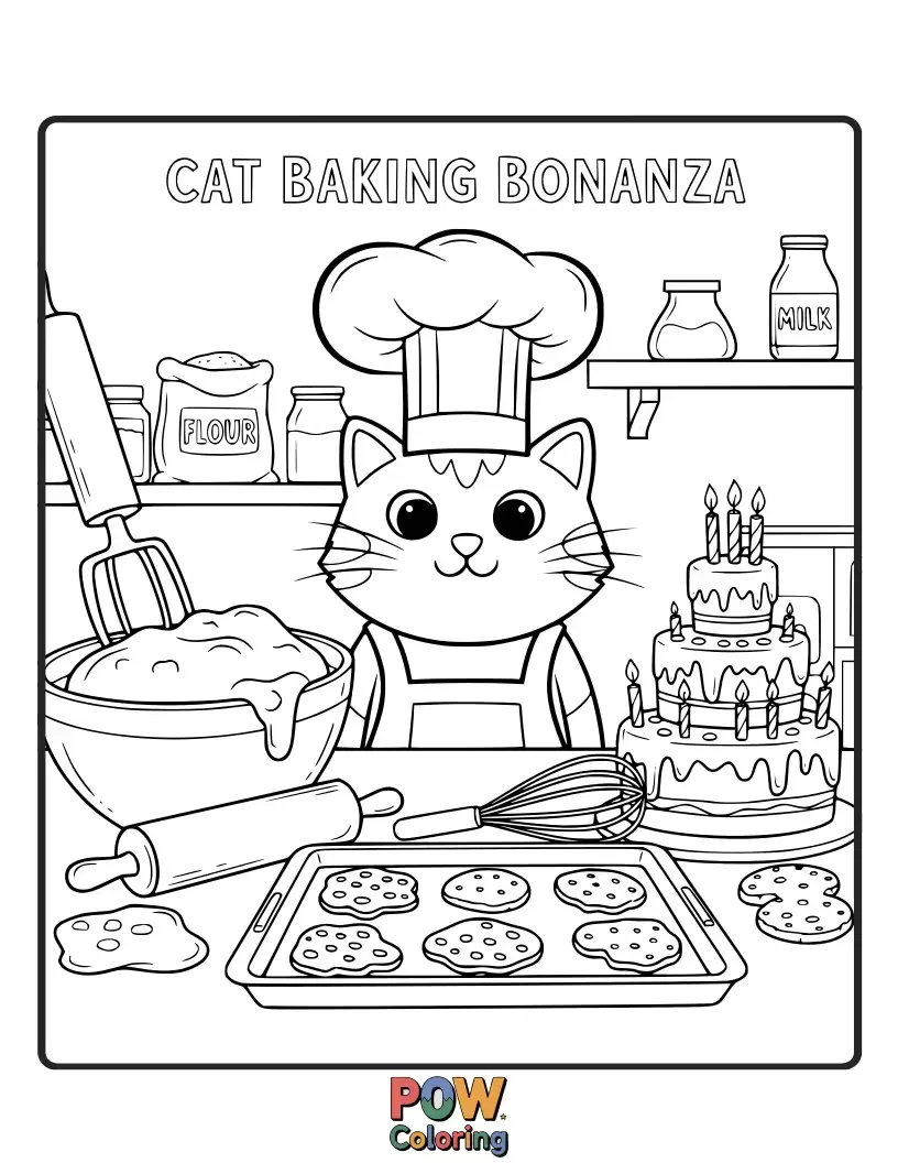 Free coloring page of A cheerful cat with flour on its nose, happily decorating a batch of cookies shaped like fish and mice.