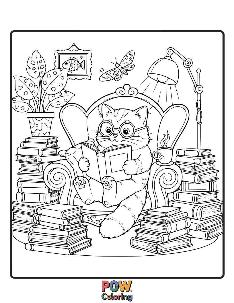 Free coloring page of A cozy cat nestled in an armchair, surrounded by piles of books, spectacles perched on its nose, lost in a story.