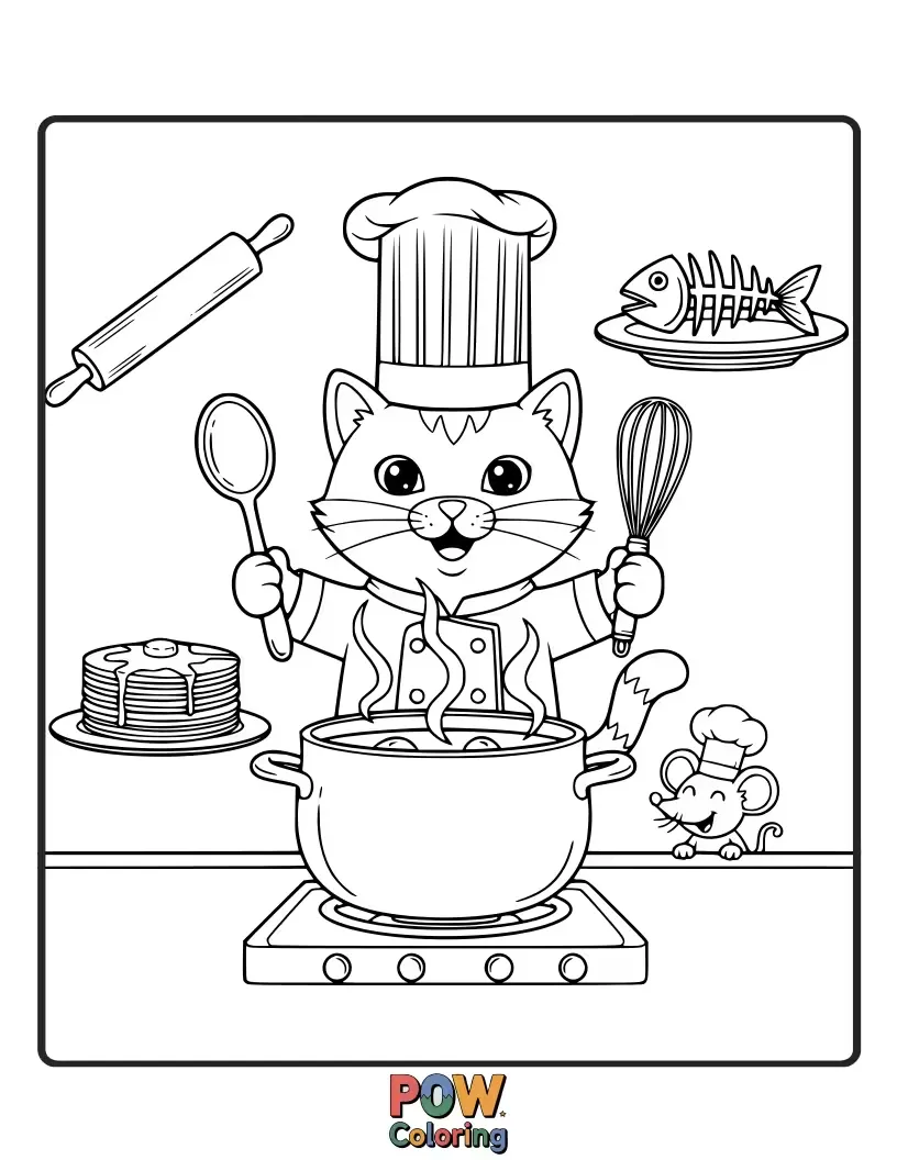 Free coloring page of A fluffy cat in a chef hat, proudly presenting a gigantic, slightly lopsided cake with colorful frosting.