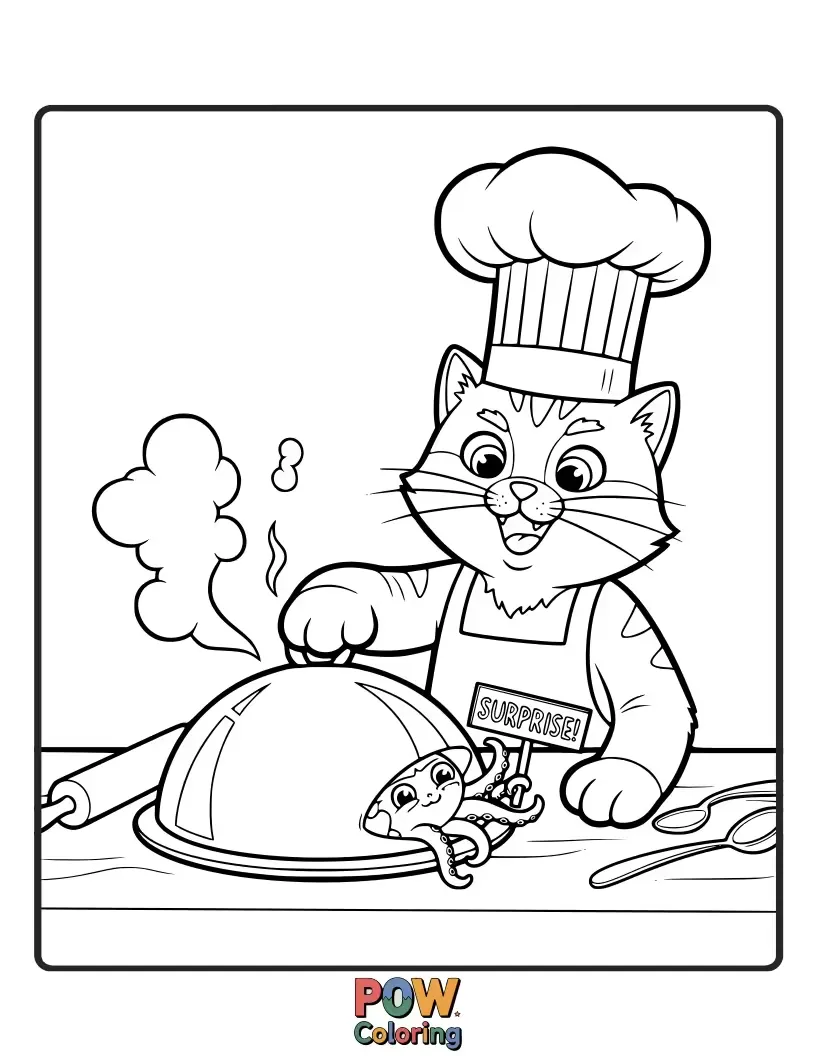 Free coloring page of A mischievous cat in a chef's hat, adding a secret ingredient (like a toy mouse!) to a pot.