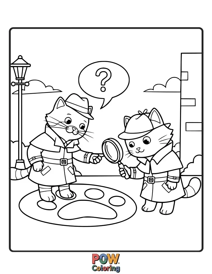 Free coloring page of A curious cat with a magnifying glass, examining paw prints on a shadowy street, solving a puzzling case.