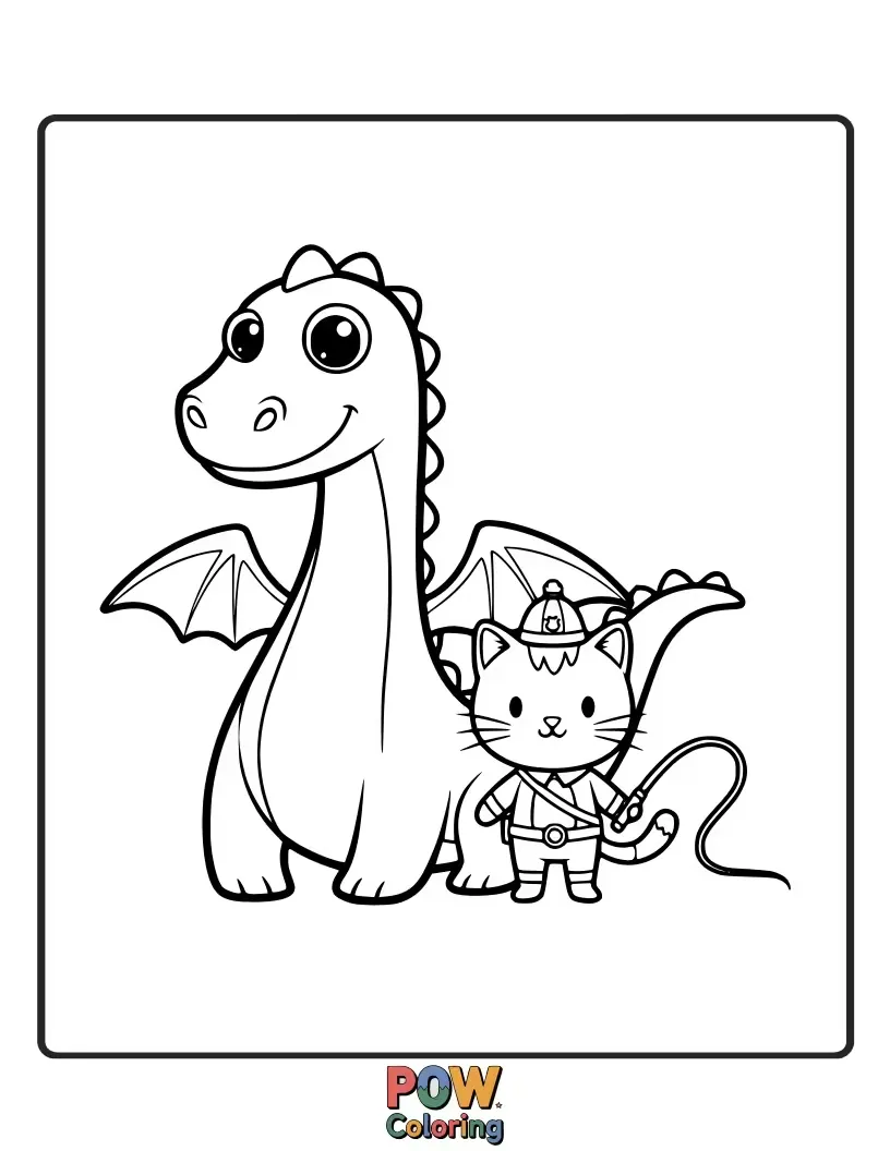 Free coloring page of A brave cat playfully nudging a miniature, friendly dragon, showing no fear in this unusual friendship.
