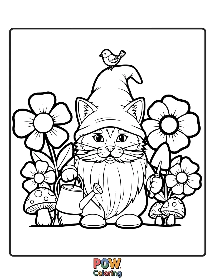 Free coloring page of A miniature cat dressed as a garden gnome, sitting atop a mushroom, surrounded by flowers and ladybugs.