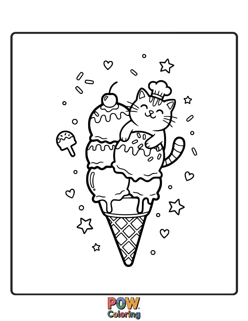 Free coloring page of A blissful cat sitting in a giant ice cream cone, with sprinkles falling around it, enjoying a sweet treat.