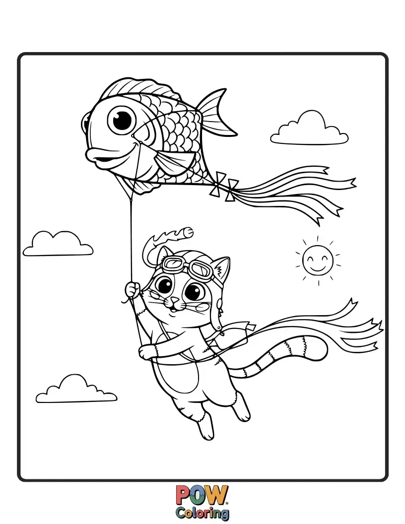 Free coloring page of A happy cat with windblown fur, joyfully flying a colorful kite shaped like a butterfly.