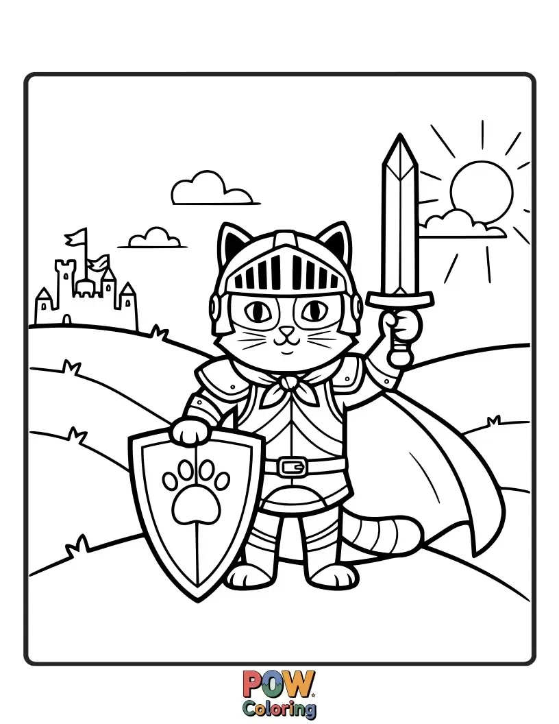 Free coloring page of A valiant cat adorned in tiny armor, holding a sword made of a feather, ready to protect its kingdom.