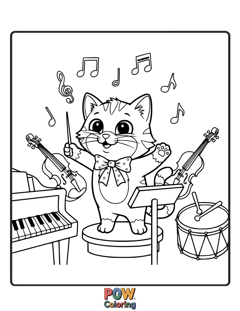 Free coloring page of A sophisticated cat wearing a bow tie, conducting an orchestra of small woodland creatures with a tiny baton.