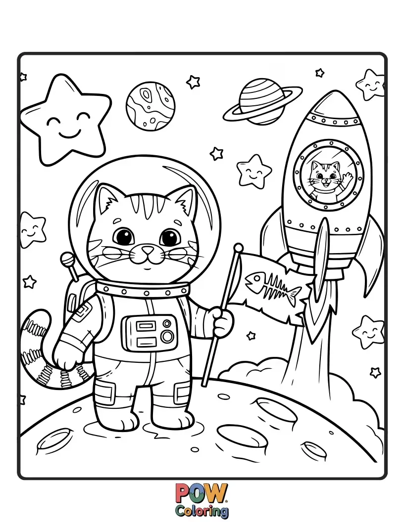 Free coloring page of A determined cat in a spacesuit, planting a tiny flag on a distant, alien planet with quirky flora.