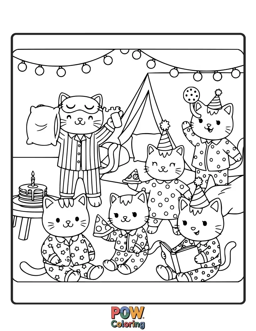 Free coloring page of A group of sleepy cats in adorable pajamas, gathered for a cozy nighttime celebration with milk and cookies.