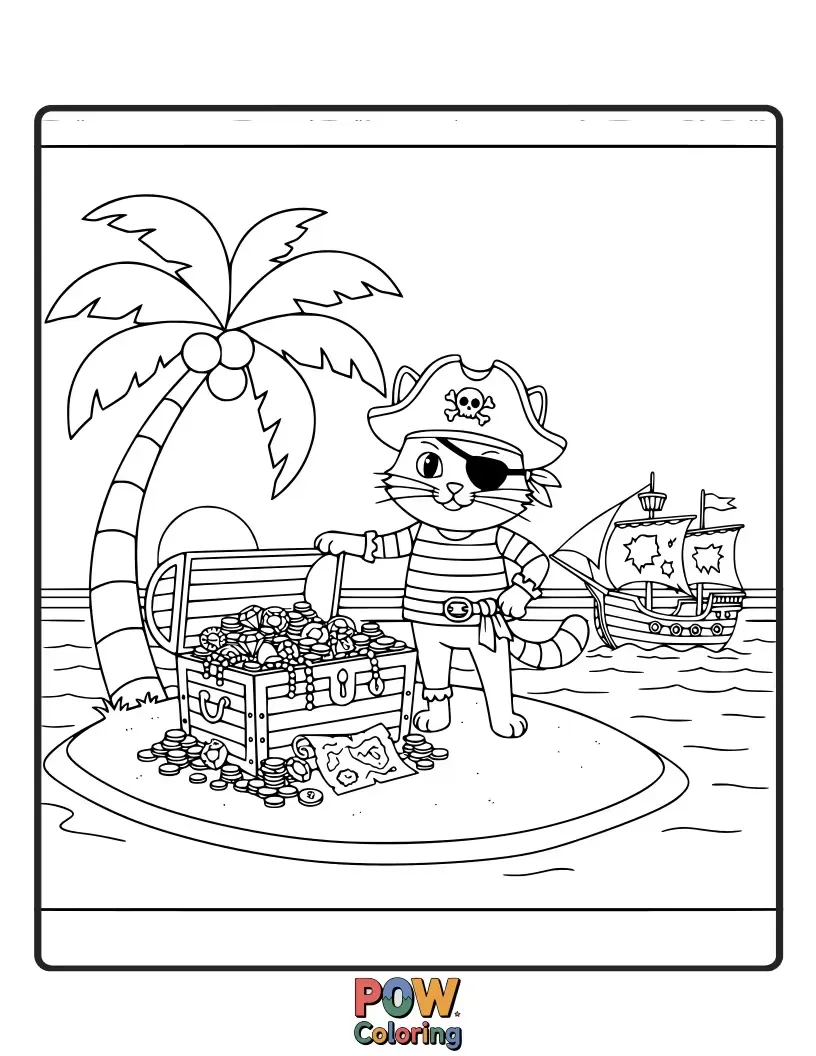 Free coloring page of A swashbuckling cat with an eyepatch and a tiny pirate hat, guarding a chest overflowing with yarn balls and fish.