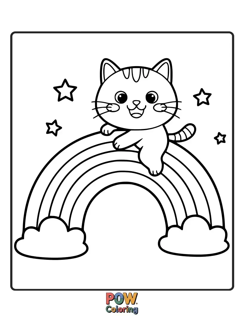 Free coloring page of A joyful cat riding a vibrant rainbow, its tail streaming behind, soaring through fluffy clouds.