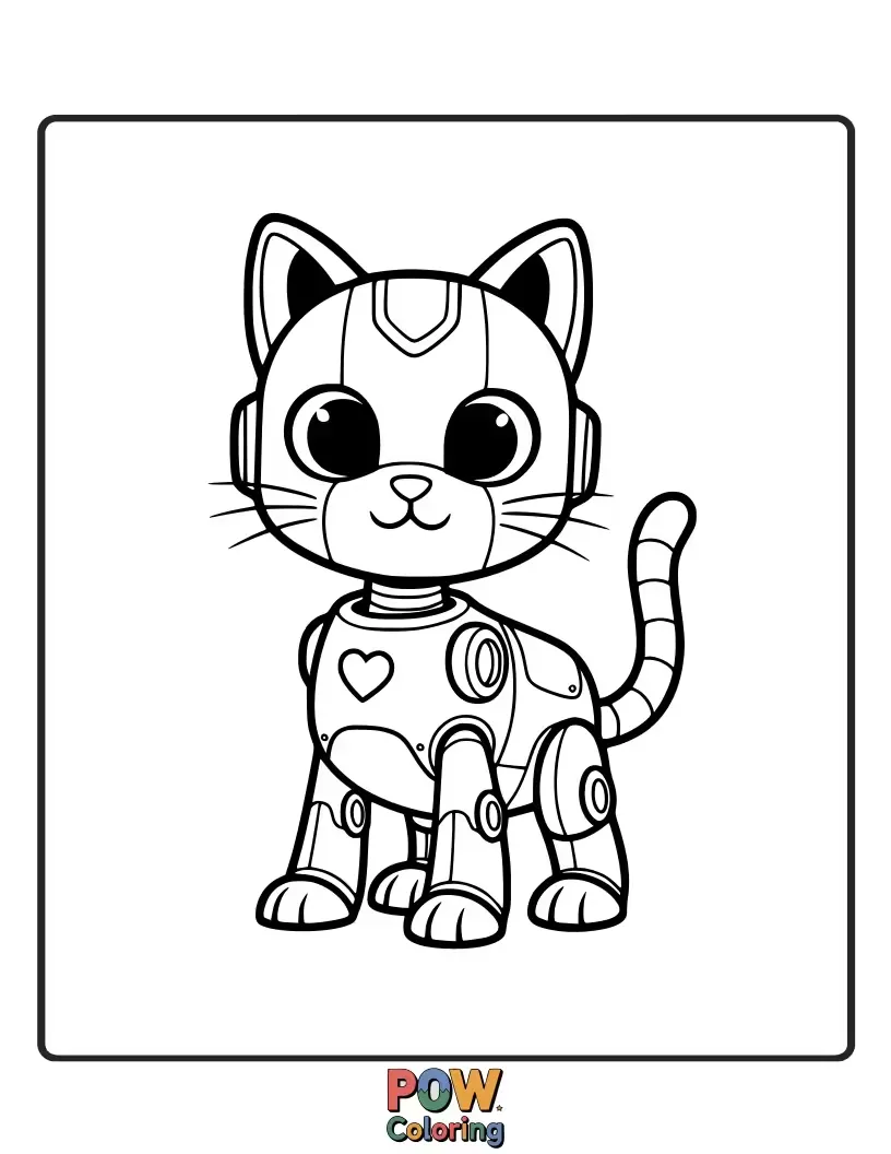 Free coloring page of A sleek, futuristic cat with glowing eyes and mechanical parts, ready for an adventure with its human friend.