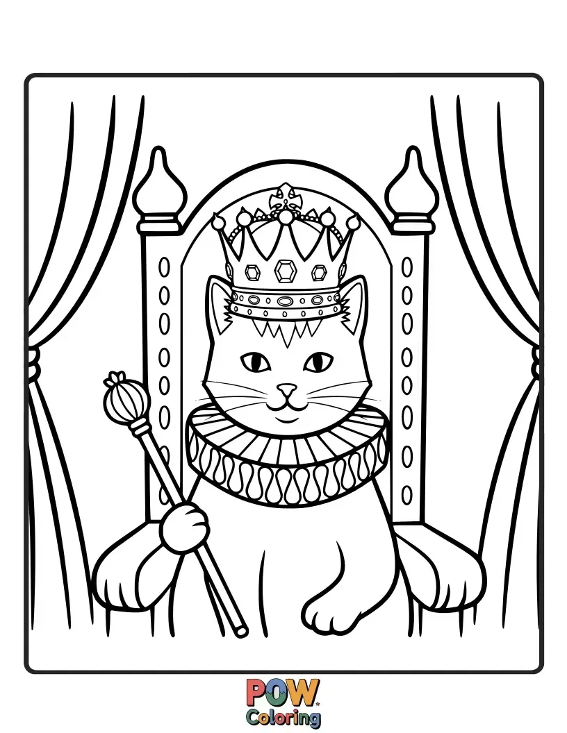 Free coloring page of A regal cat sitting on a throne, wearing a crown and velvet cape, looking majestically at its subjects.