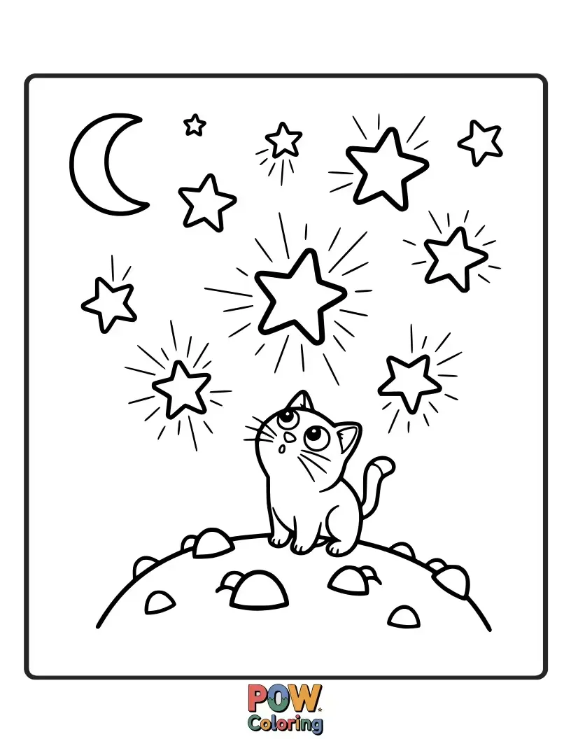 Free coloring page of A contemplative cat sitting on a crescent moon, gazing at constellations that are shaped like yarn balls.