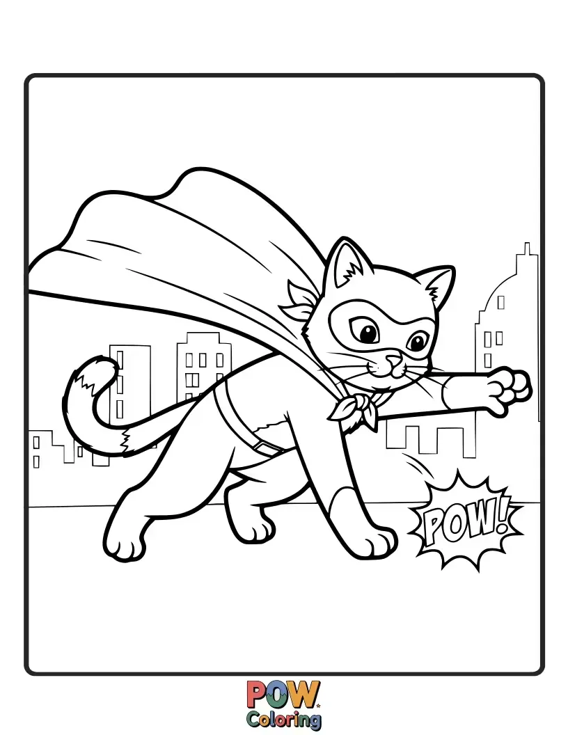 Free coloring page of A determined cat in a cape and mask, striking a heroic pose as it lands on a rooftop.