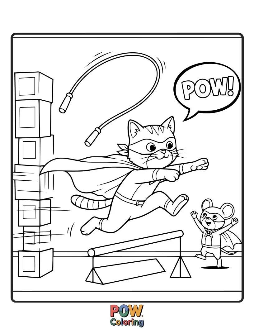 Free coloring page of A determined cat practicing its superpowers, like leaping over obstacles and using laser eyes.