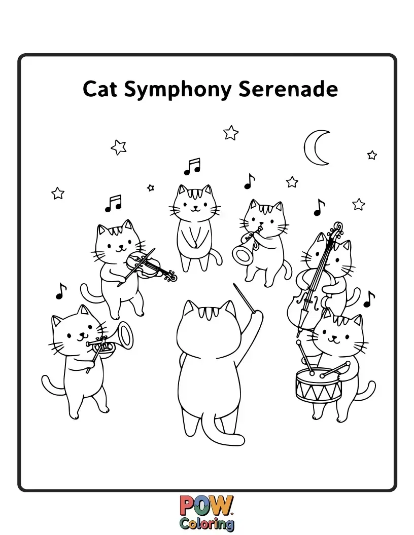 Free coloring page of A charming cat playing a tiny violin, surrounded by musical notes floating in the air.