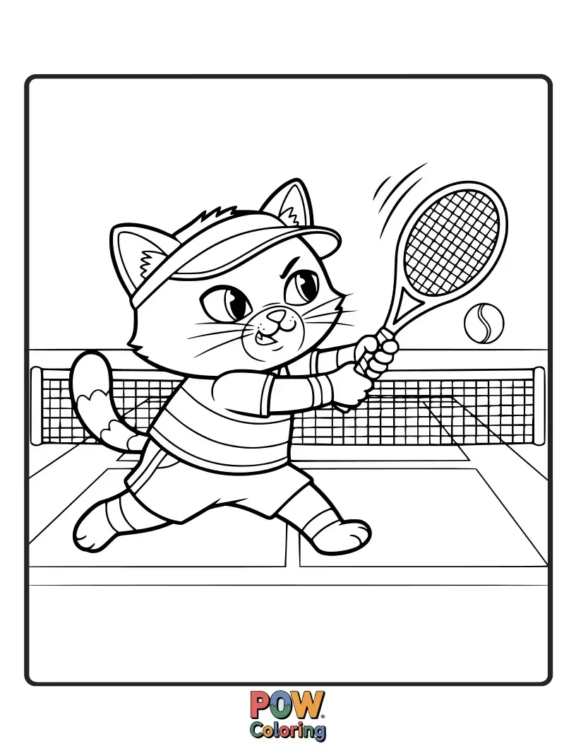 Free coloring page of A sleek cat leaping gracefully to return a tennis ball, with a determined glint in its eye.