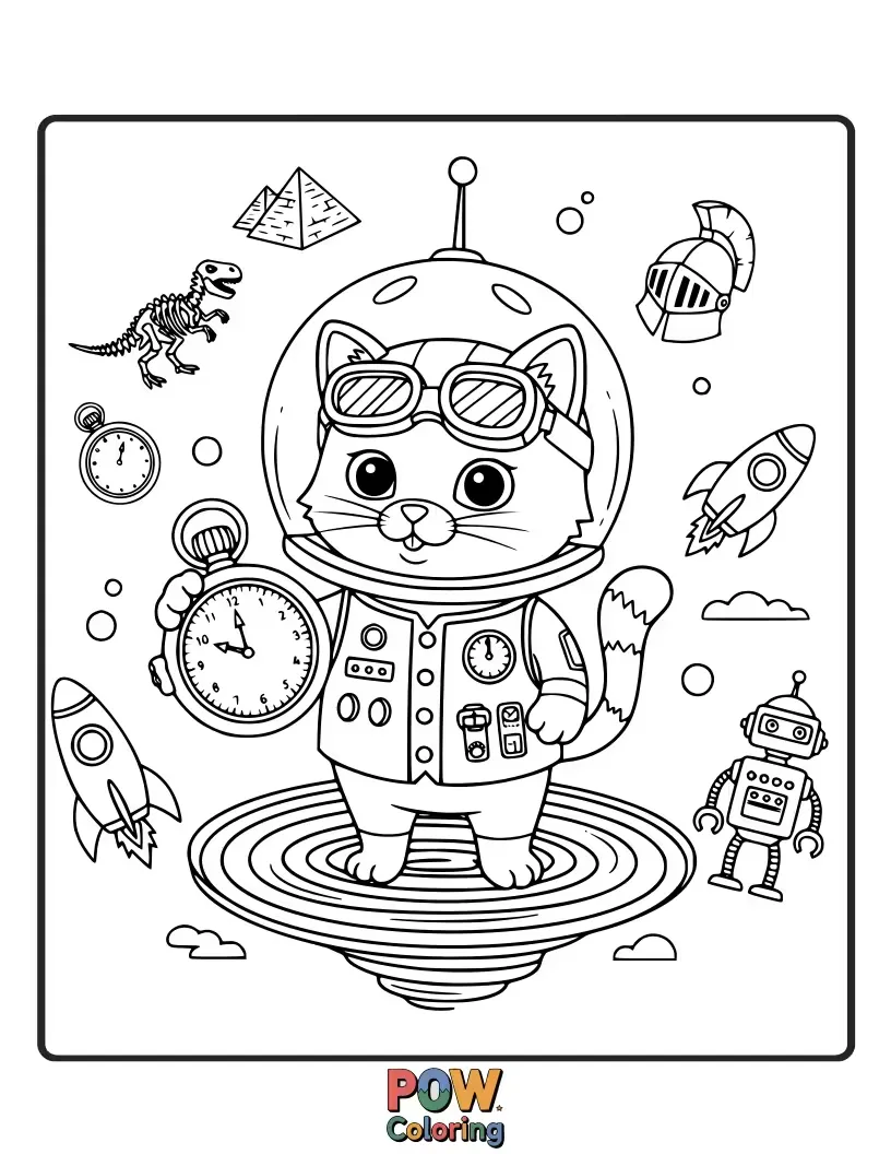 Free coloring page of A curious cat peeking out of a steampunk-inspired time machine, ready to visit different eras.