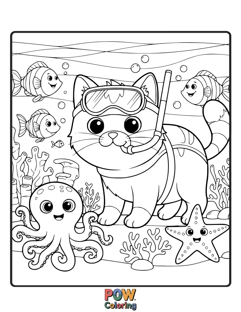 Free coloring page of A playful cat in a diving helmet, swimming with colorful fish and coral reefs in an underwater world.