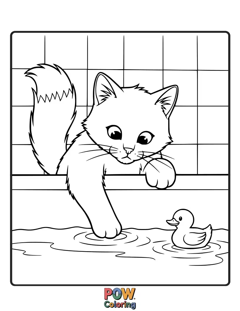 Free coloring page of A slightly hesitant but curious cat gingerly dips a paw into a small, shallow puddle, exploring.