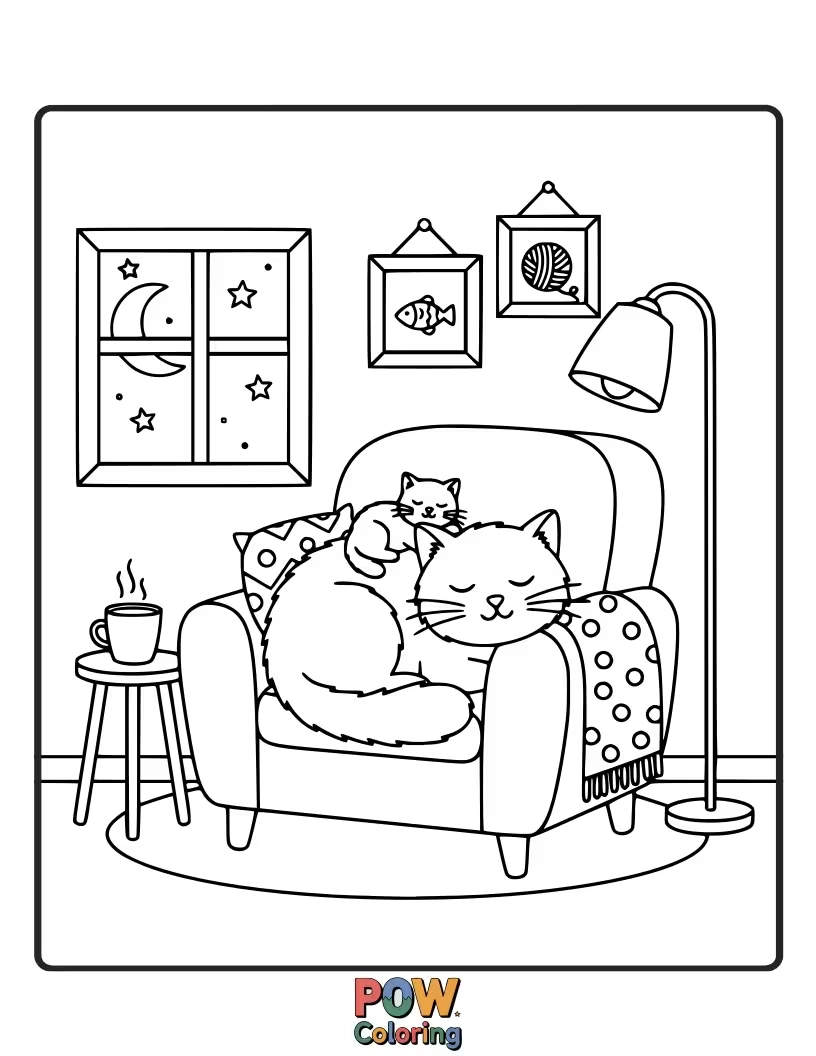 Free coloring page of Two content cats are snuggled together in a heart-shaped basket, purring with love and enjoying a peaceful Valentine's Day.