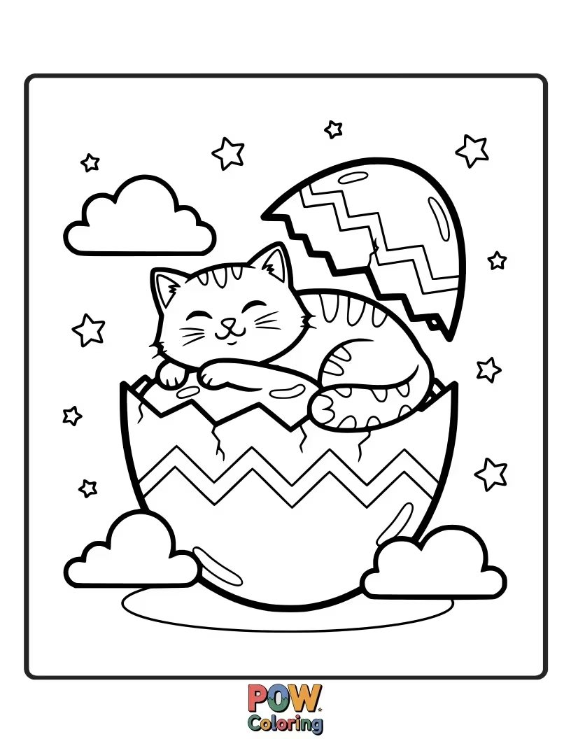 Free coloring page of A sleepy cat curled up in an Easter basket, dreaming of chasing fluffy bunny tails.