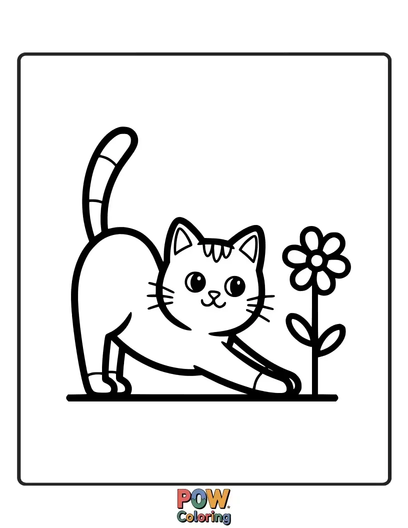 Free coloring page of An elegant cat gracefully stretching into a complex yoga pose amidst fluffy yoga mats and potted plants in a serene gym.