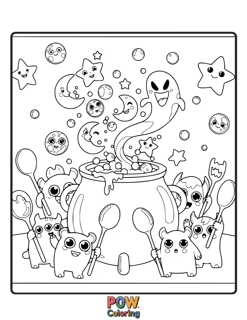 Free coloring page of A cauldron is overflowing with candy and toys, a delightful Halloween surprise spill.