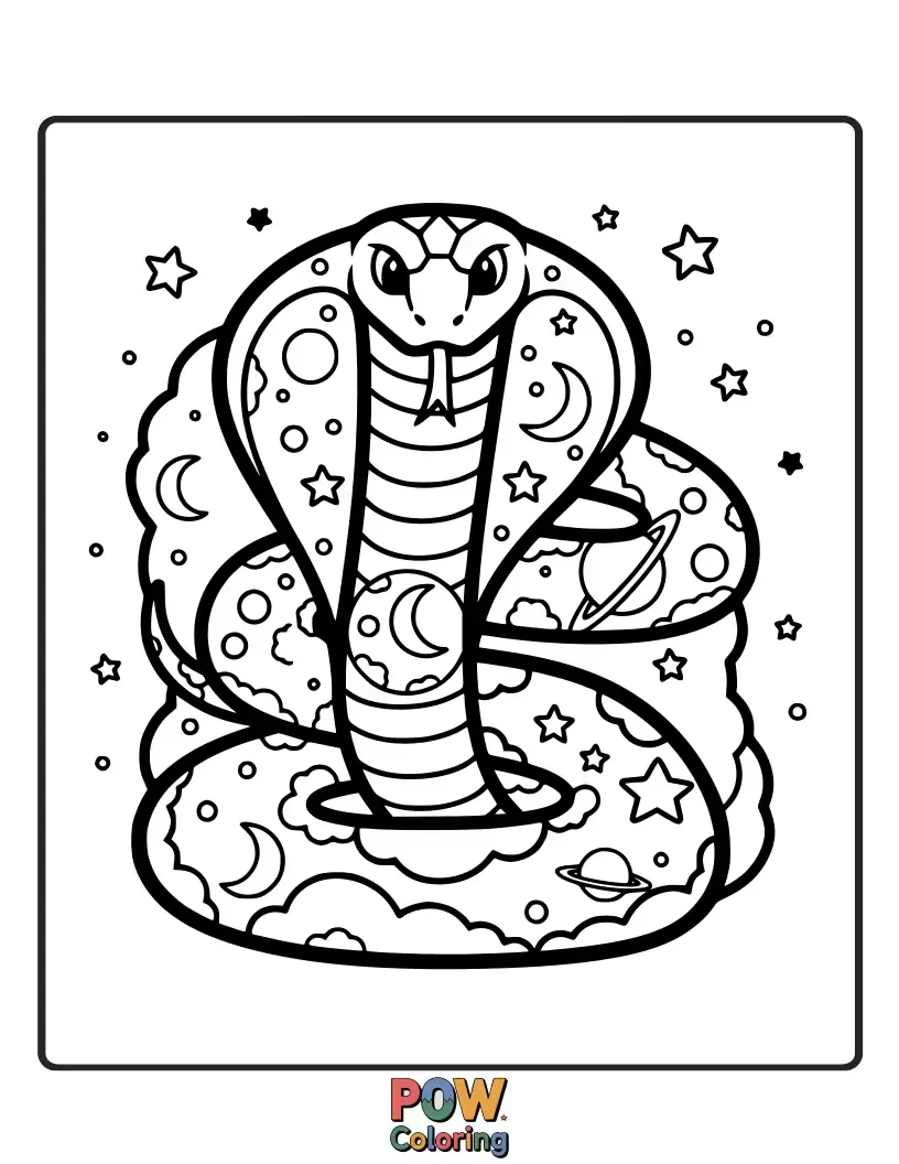 Free coloring page of A beautiful cobra snake whose body blends seamlessly into a swirling cosmic nebula, radiating cosmic wonder.