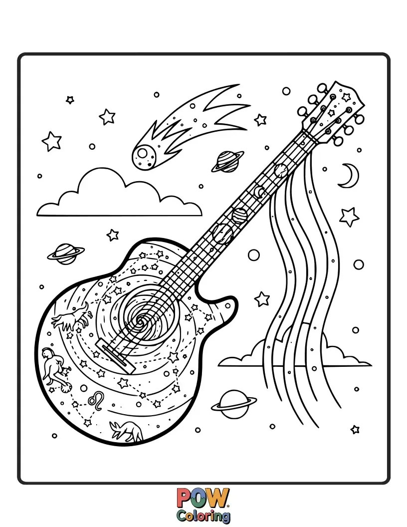 Free coloring page of A guitar where the soundhole is a starry constellation and the body is a night sky.