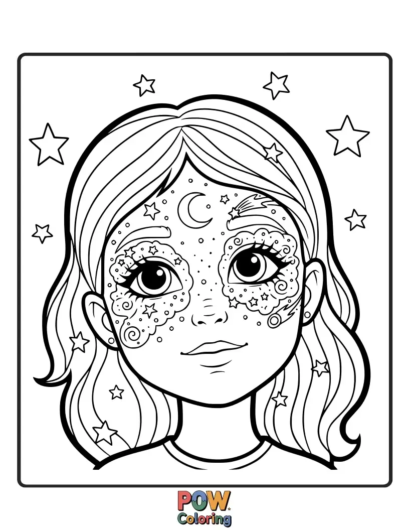 Free coloring page of A dreamy landscape featuring makeup items like crescent moon lipsticks and starry eyeshadows floating in the night sky. Color your cosmic fantasies.