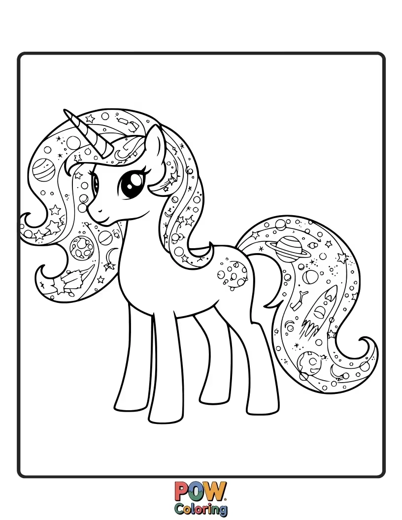 Free coloring page of Unicorn whose flowing mane is a tapestry of stars, moons, and cosmic patterns.
