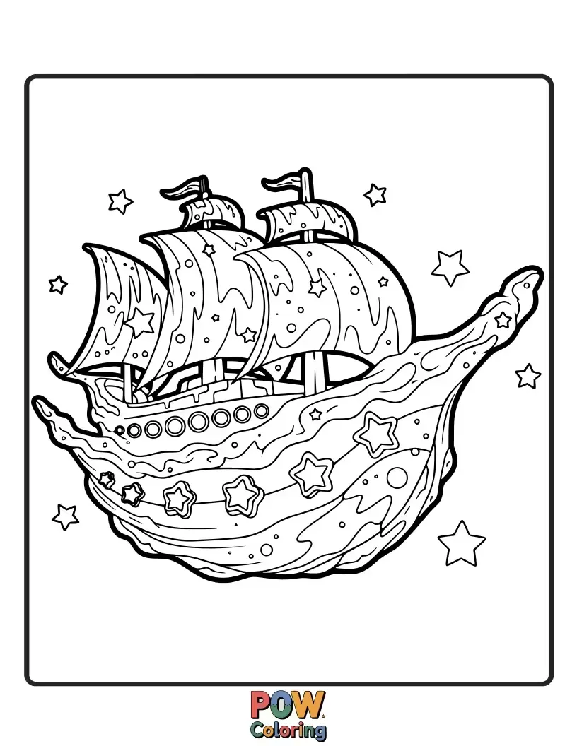 Free coloring page of A majestic ship designed from swirling cosmic nebulae, charting a course through a breathtaking expanse of stars and galaxies.