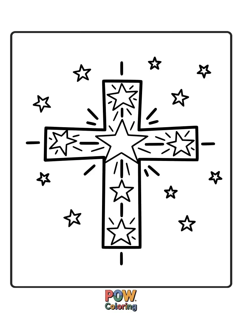 Free coloring page of A cross made of shimmering stars and crescent moons, bringing a touch of the night sky to your art.
