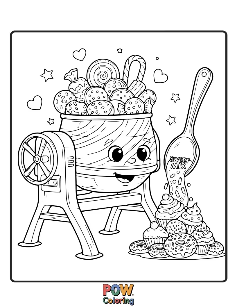 Free coloring page of A happy cement mixer blending colorful frosting to make a giant cake.