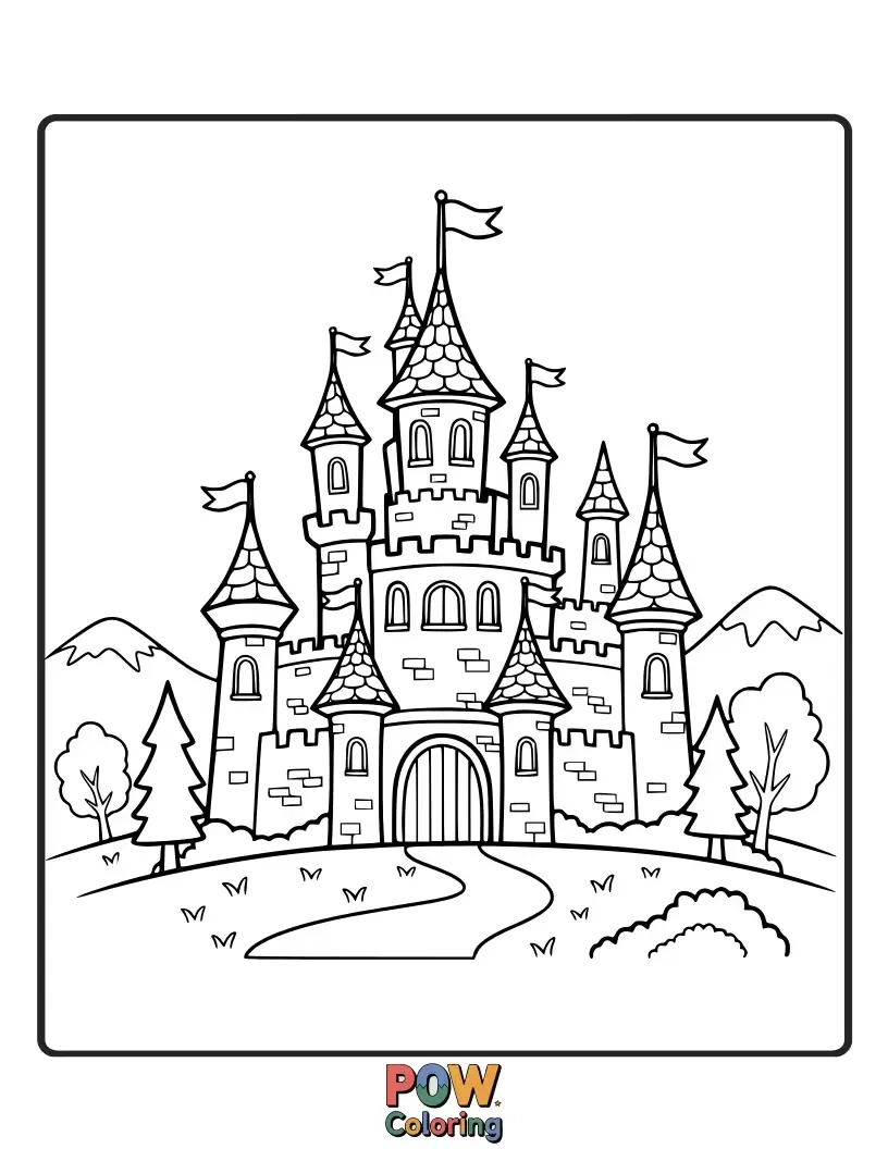 Free coloring page of A majestic silhouette of the royal castle against a backdrop of stars and a crescent moon.