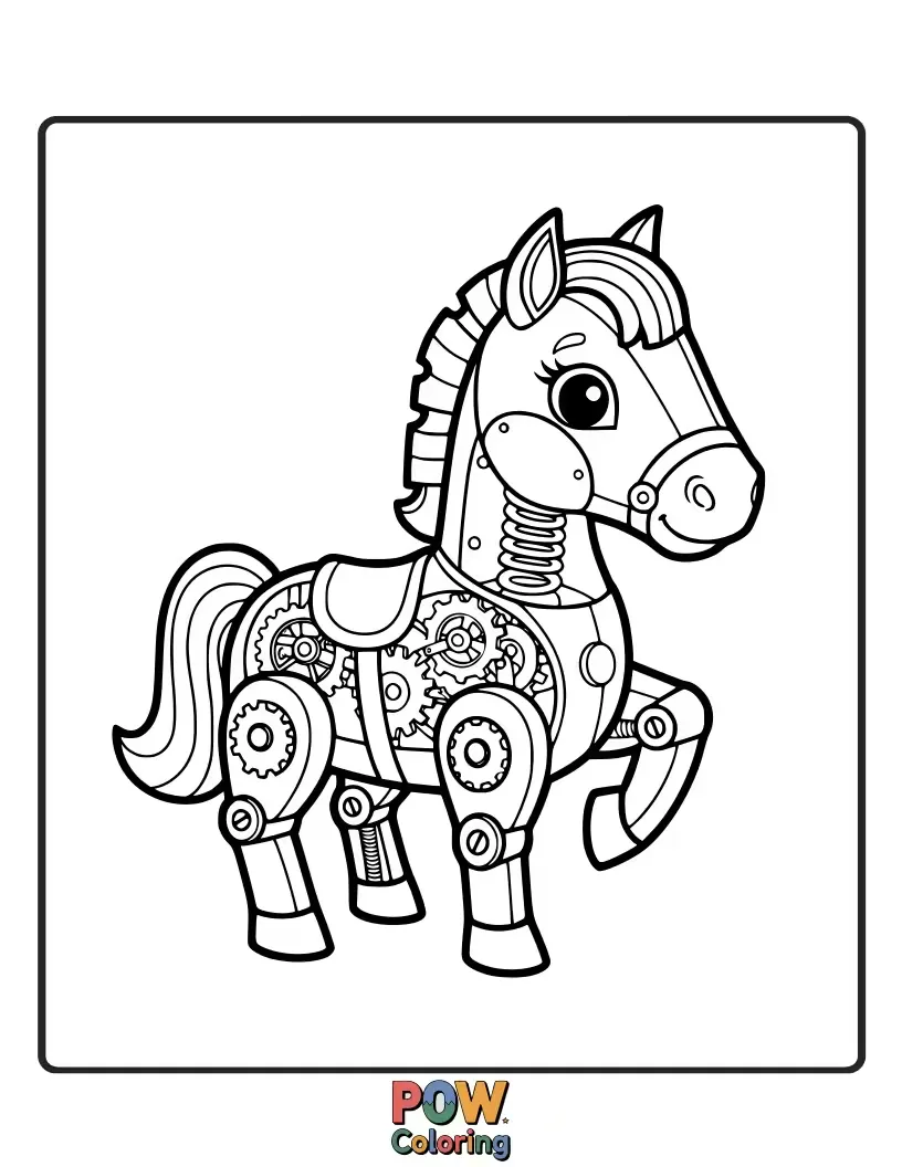Free coloring page of An intricate horse made of antique clock parts, gears, and springs, standing regally.