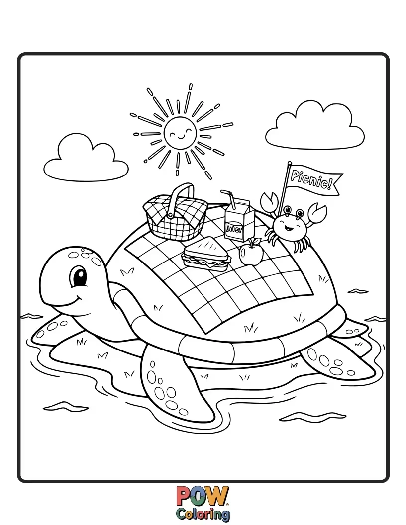 Free coloring page of A cheeky turtle enjoying a picnic on a tiny island, with a watermelon slice.