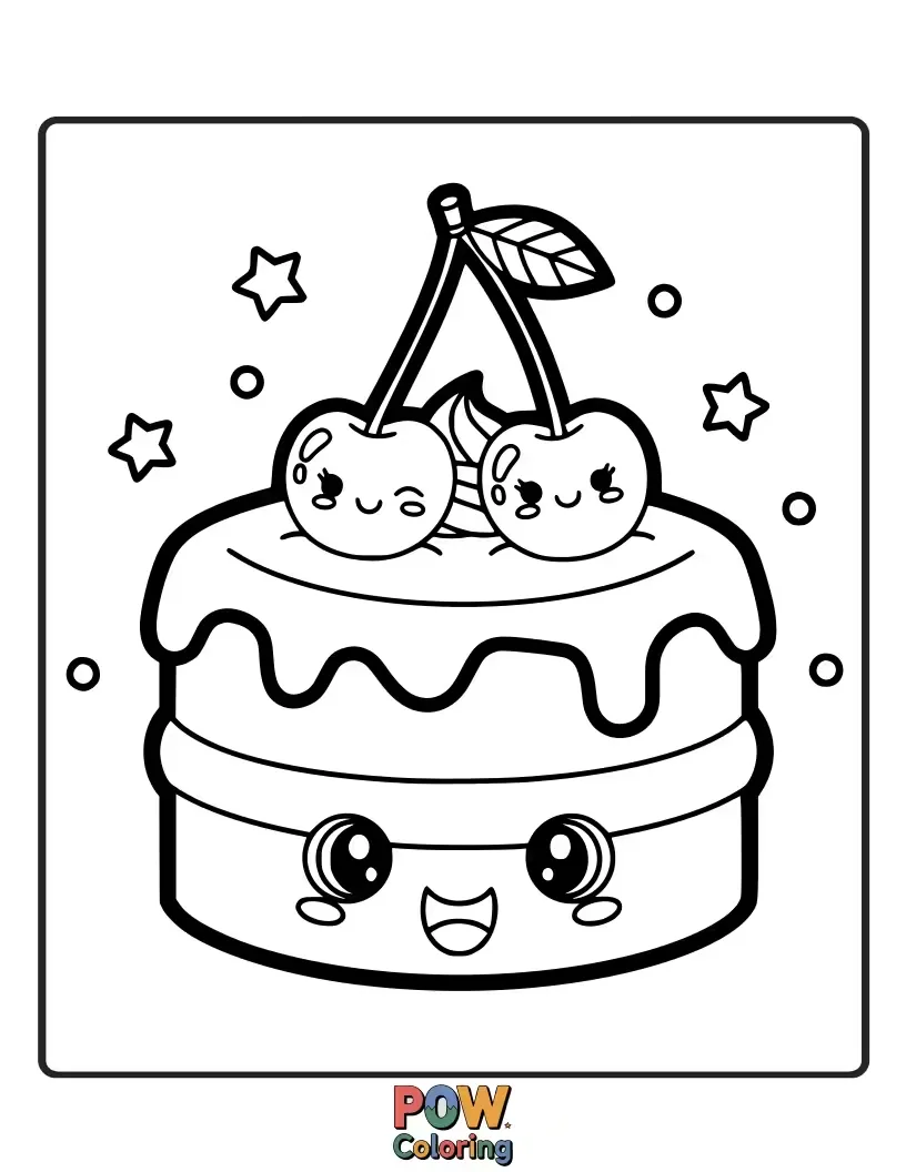 Free coloring page of Bright red cherry cakes topped with whipped cream and green leaves, bursting with summery sweetness.