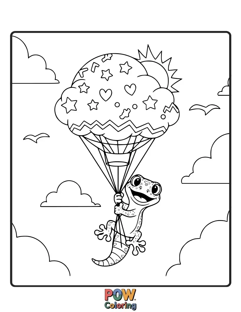 Free coloring page of A cheerful gecko happily floating in the sky, holding onto a bunch of colorful balloons.