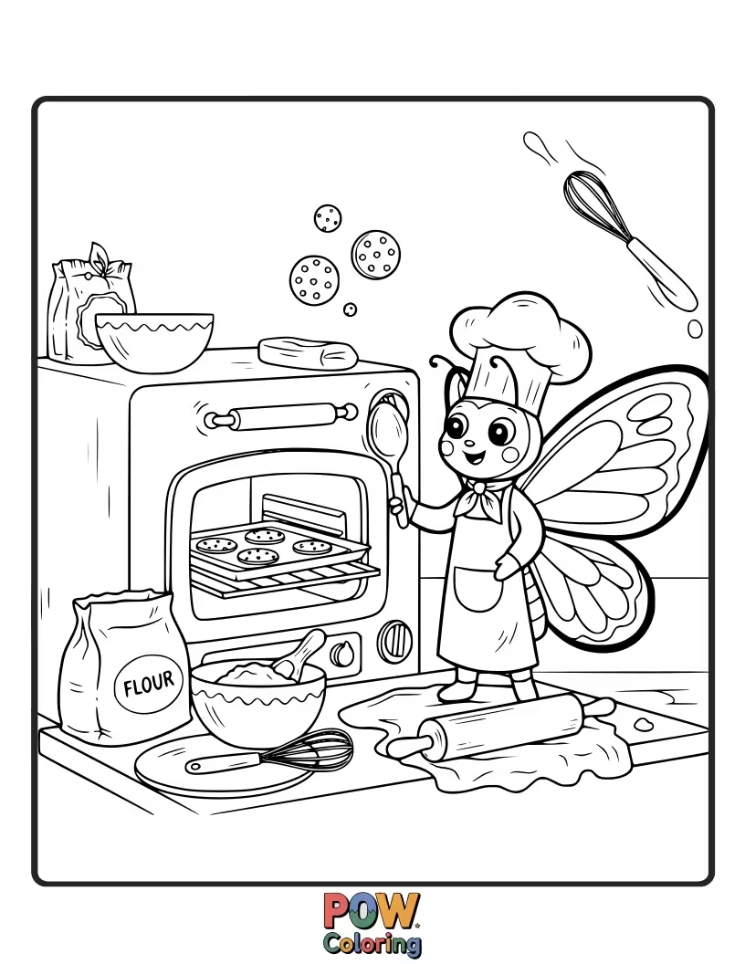 Free coloring page of A culinary butterfly with whisk-shaped wings, expertly baking a tiny, delicious cake for its friends. Bon appétit!