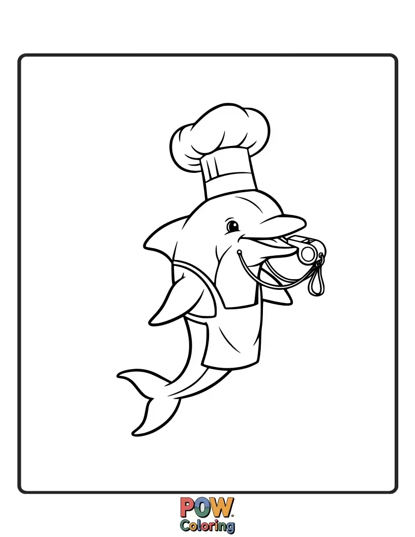 Free coloring page of A dolphin in a chef hat, whistling happily while holding a giant whisk. Bon appétit!