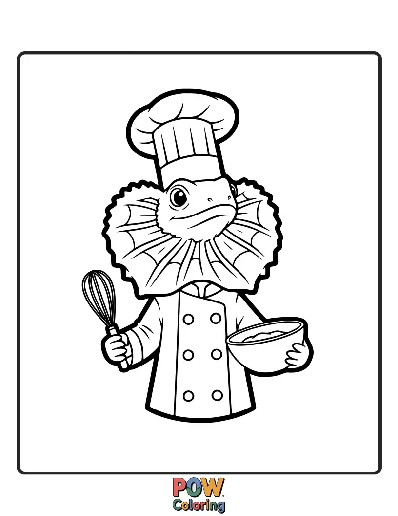 Free coloring page of A frilled lizard wearing a chef's hat, busily cooking up a delicious (and imaginary) meal.