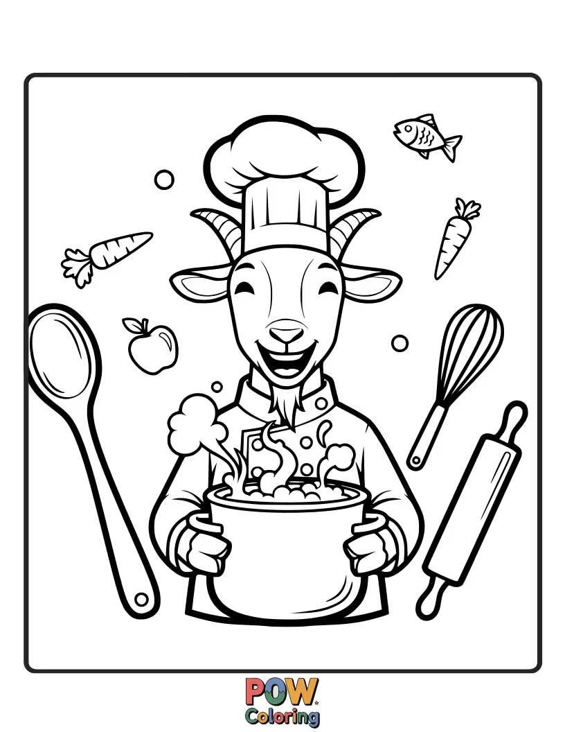 Free coloring page of A culinary goat wearing a chef's hat, proudly presenting a beautifully decorated cake, with ingredients scattered nearby.