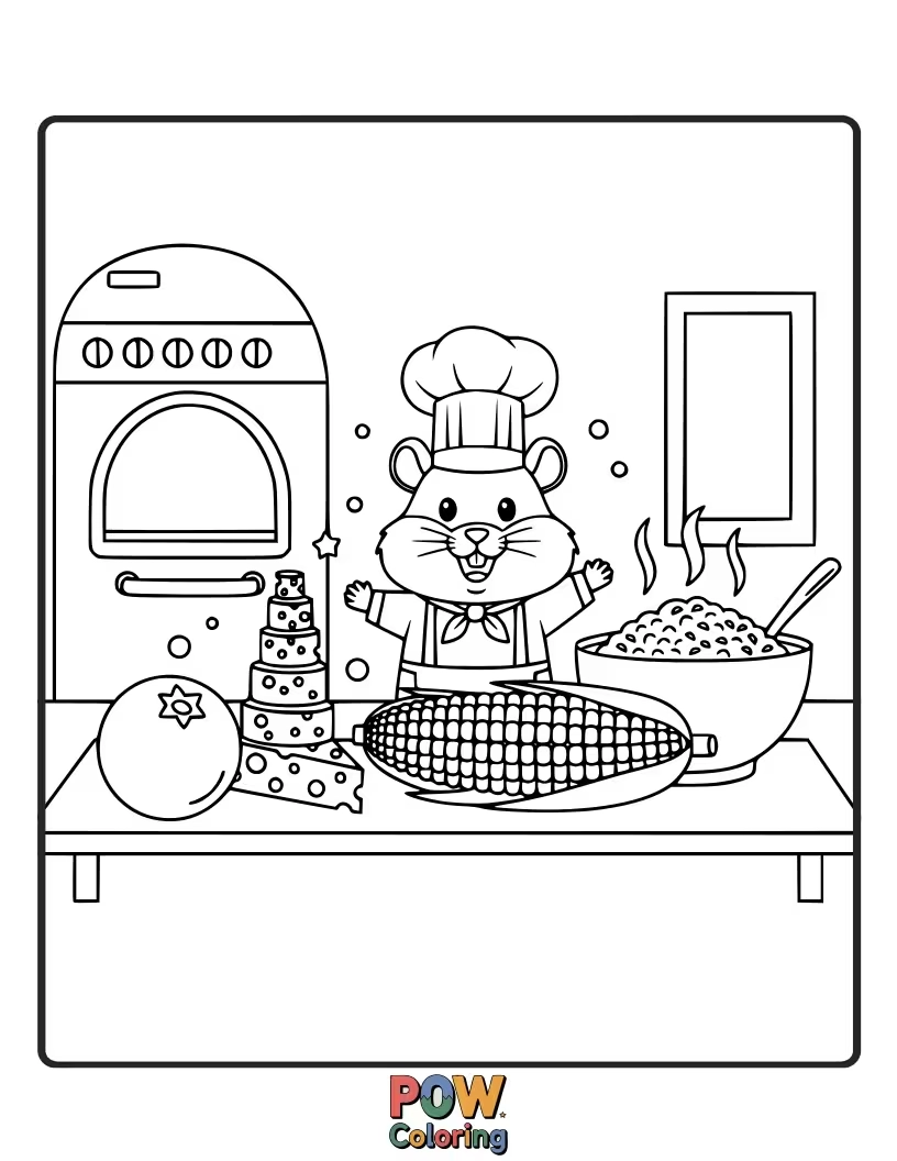 Free coloring page of A fluffy hamster wearing a chef's hat, busily preparing a delicious feast of seeds, fruits, and tiny cupcakes.