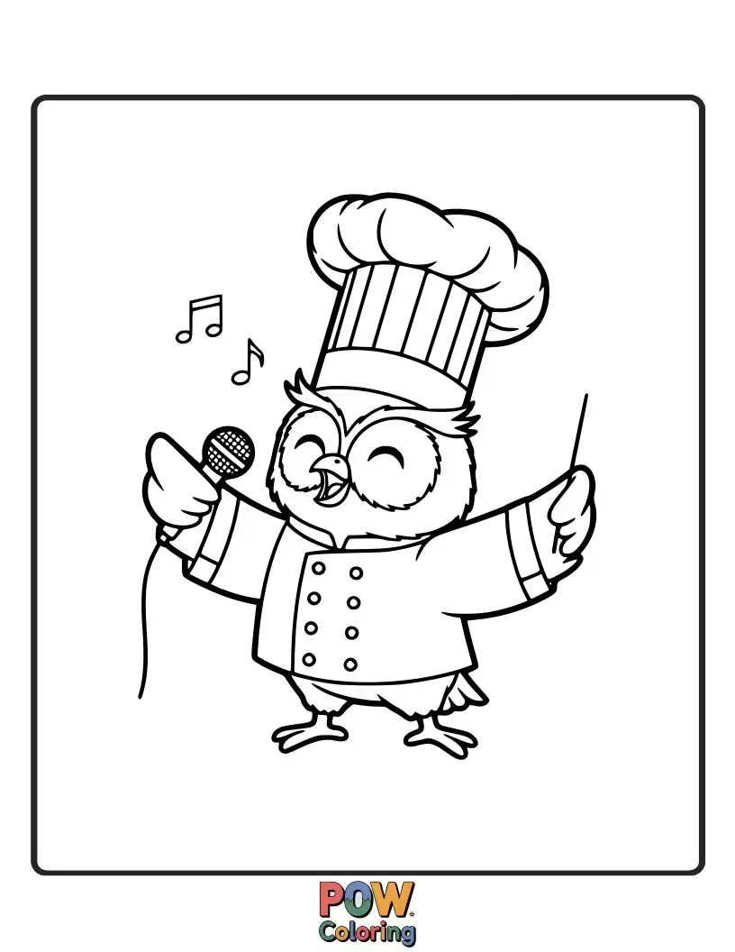 Free coloring page of A goofy owl wearing a chef's hat, belting out a tune with a spatula.